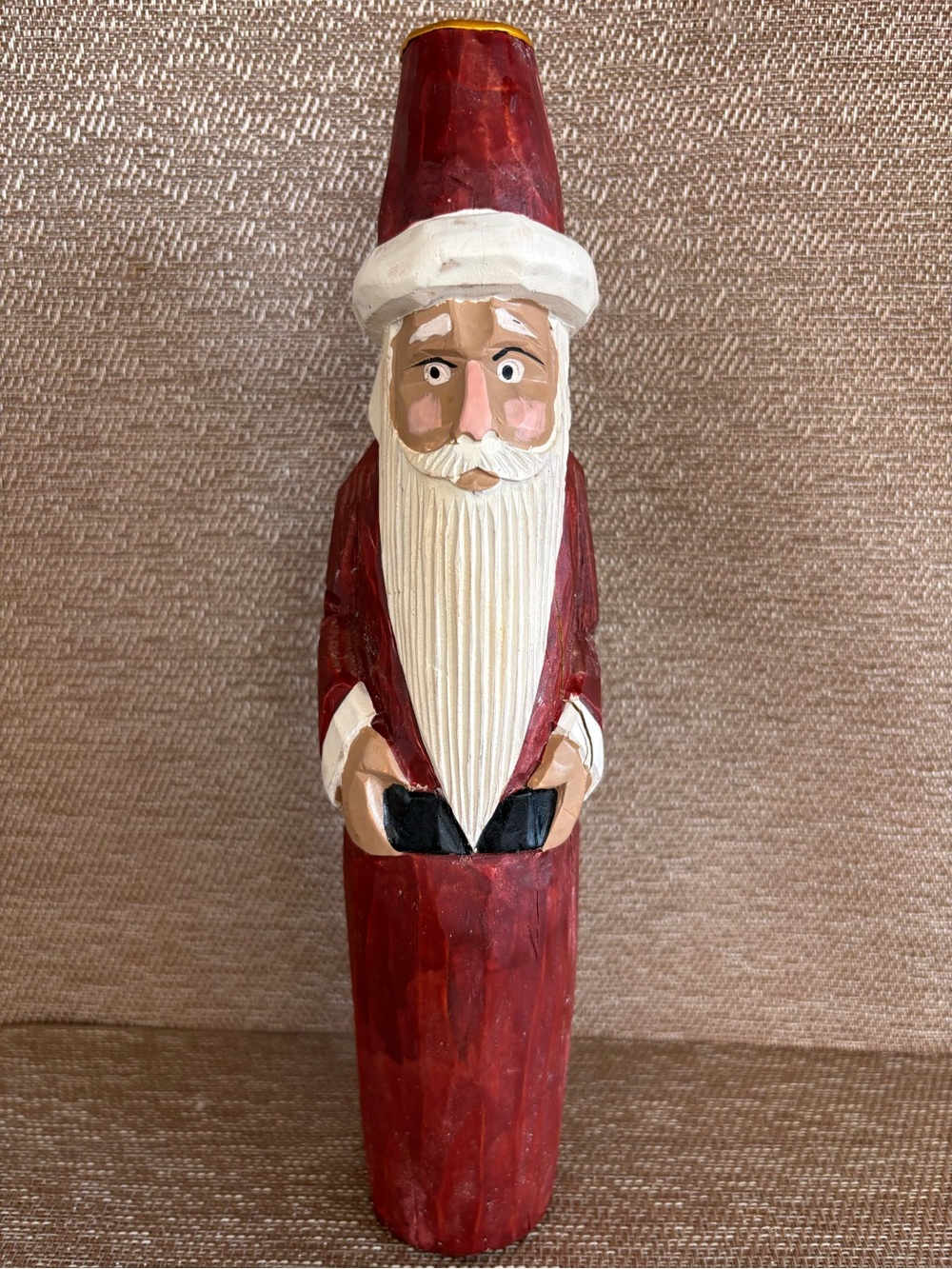 Vintage Carved Wooden Old Santa Claus Christmas Folk Art Candle Holder Rustic